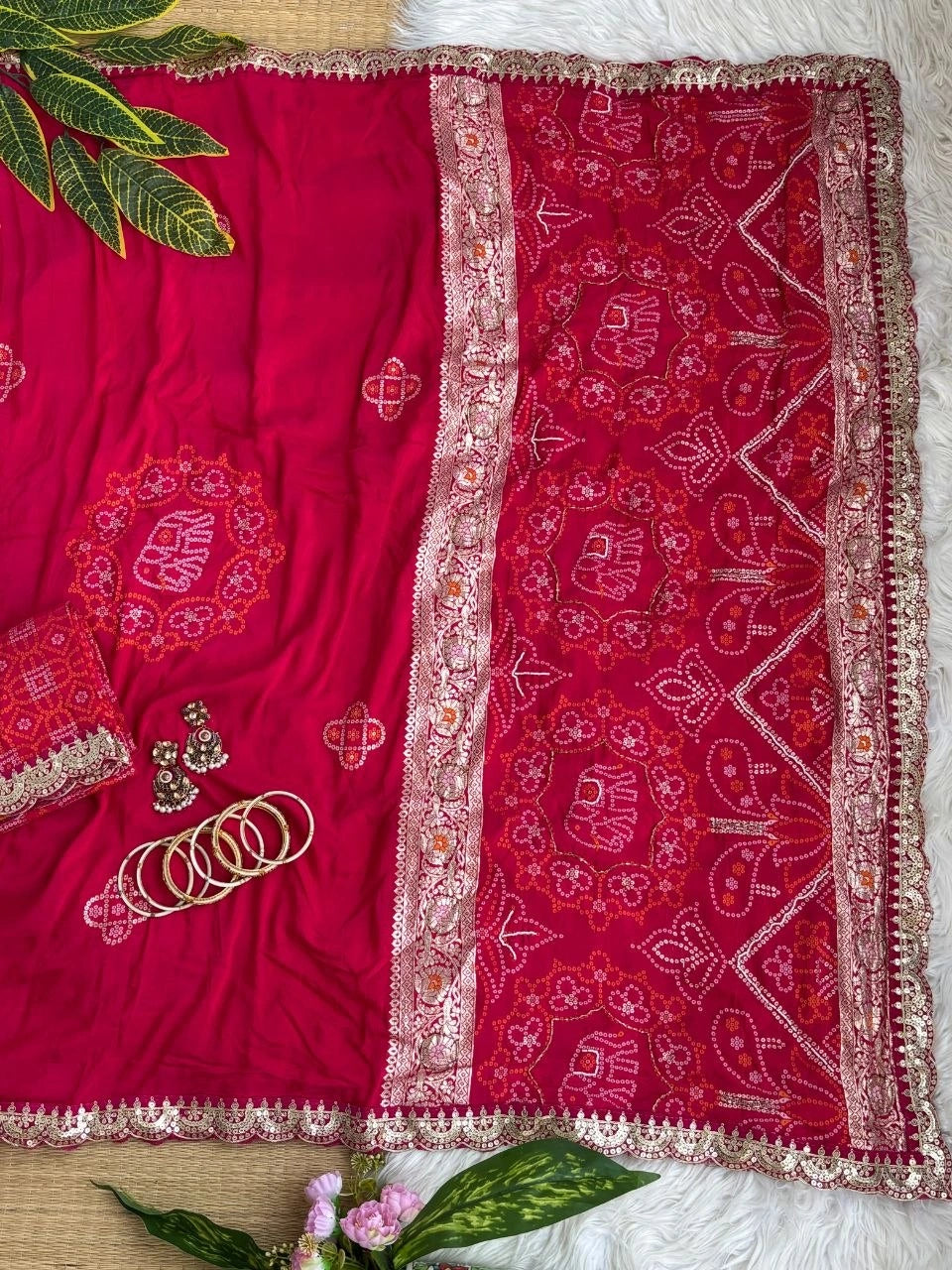 Rani bandhani print with weaving saree full spread with zari strip and printed pallu – Kalyanja KS408